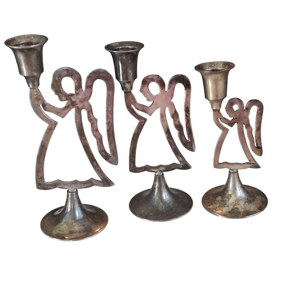 International Silver 3 Angel Candle Sticks Vintage with Patina Not Polished - Picture 9 of 14
